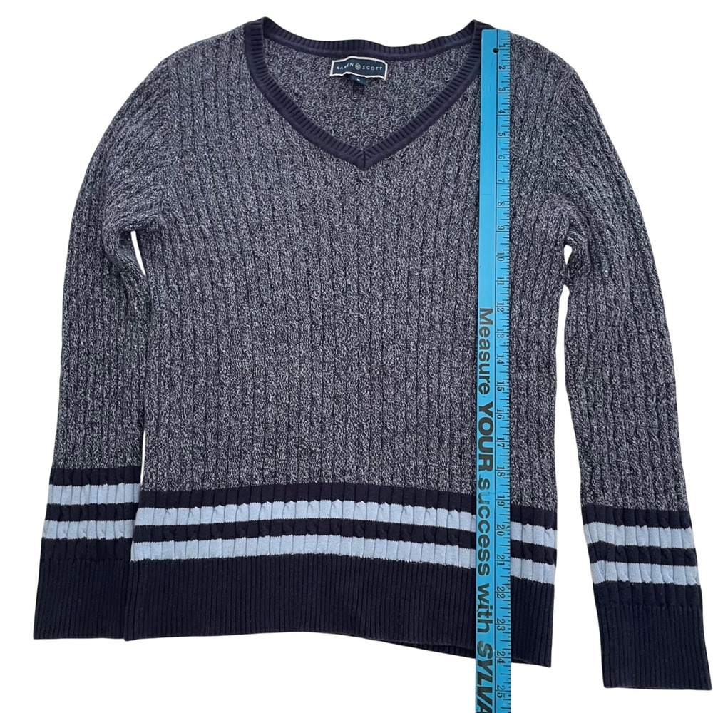 Karen Scott V-Neck Striped Cuff Sweater Blue Ribbed Knit Cotton Blend Top Size M - Picture 6 of 8